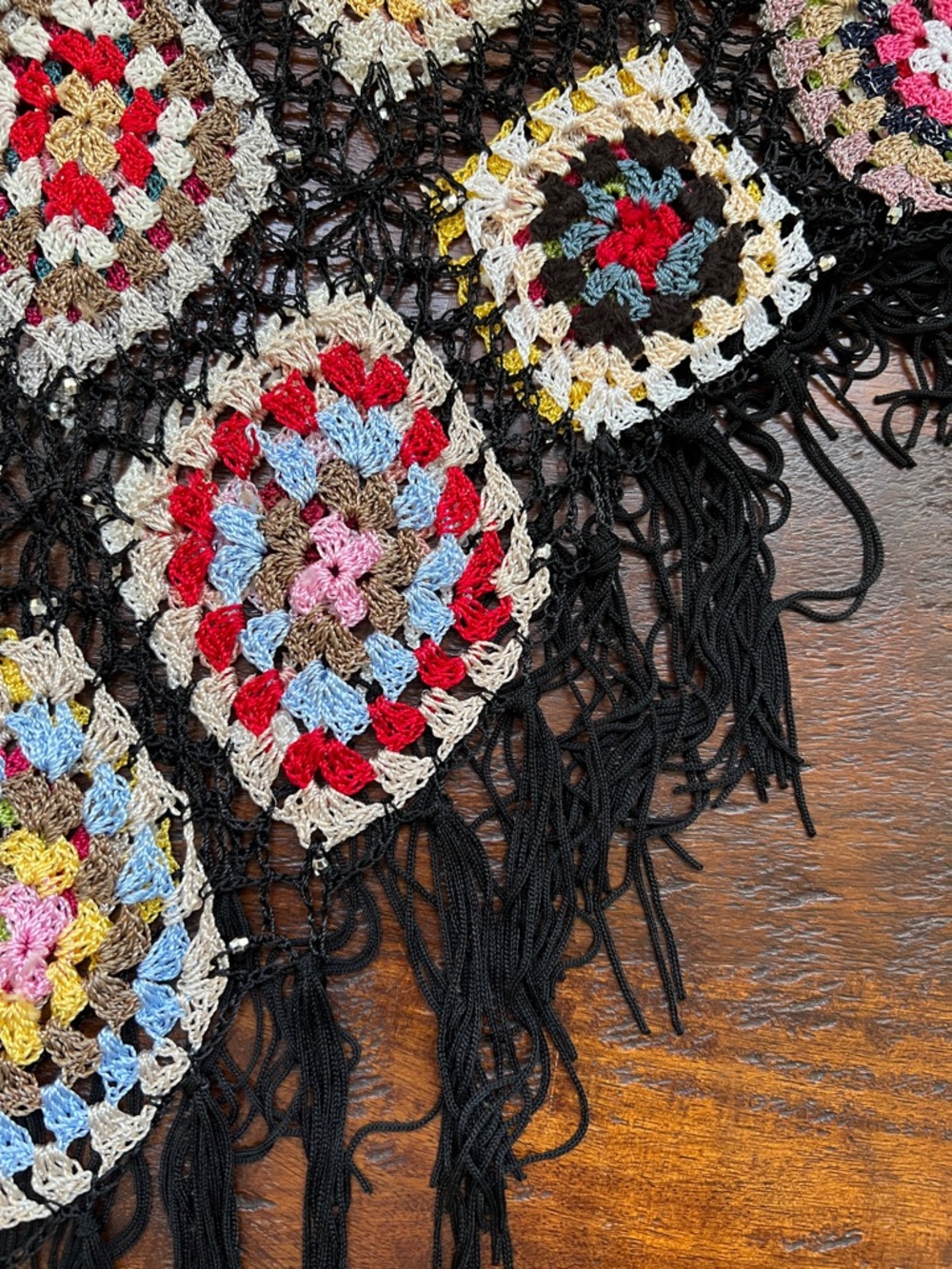 Handmade Crotchet Poncho Shawl Granny Square Fringe Multicolor/Black Beaded OS - Picture 5 of 12